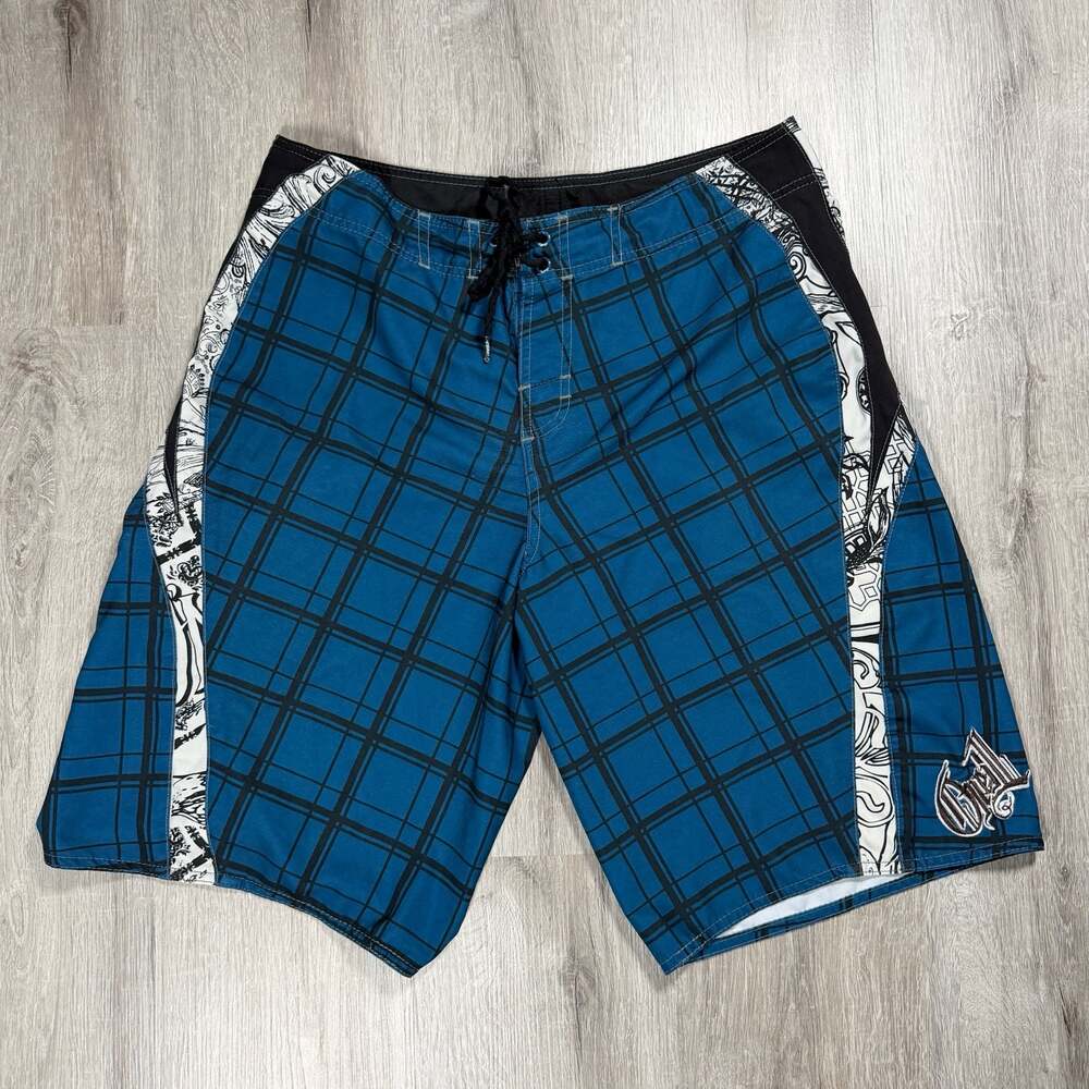 O'Neill Men's Blue Plaid Boardshorts with Tribal Side Panels Y2K Surf Size 32